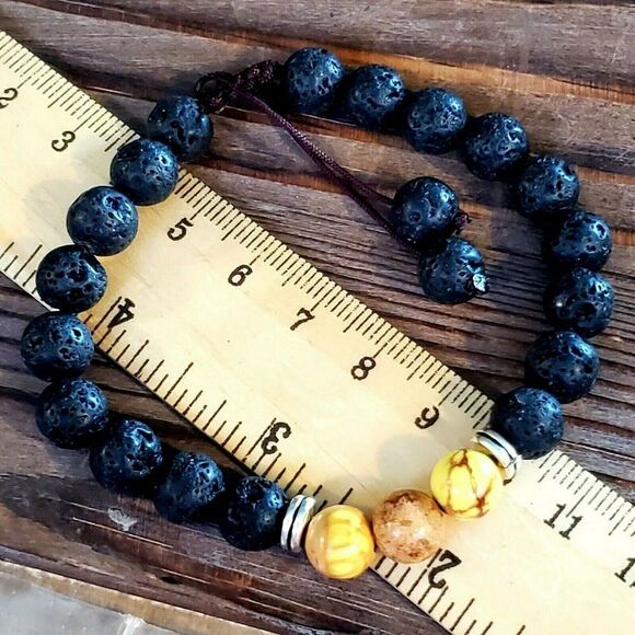 Handcrafted Chakra Bracelet Yellow Aqua Terra Jasper Black Lava - Picture 8 of 8